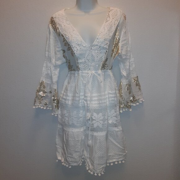 Croatian Swim Cover-Up * Dress / Tunic * White Cotton & Gold Thread* Embellished - Picture 1 of 5